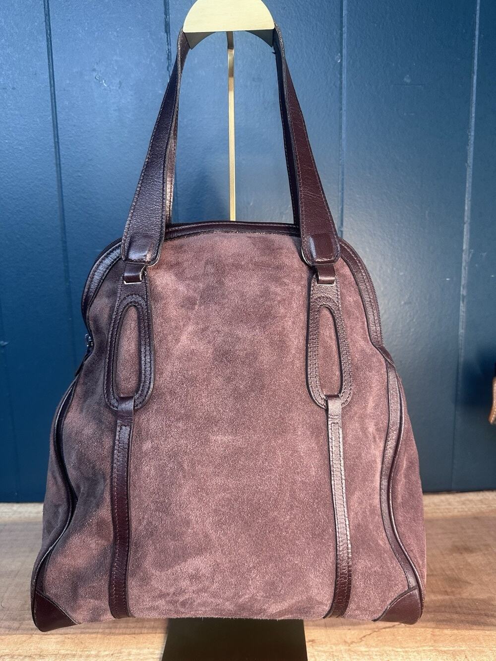Vintage ACE Co Ltd Japan Brown Suede Leather Shoulder Bag Large Zip Tote